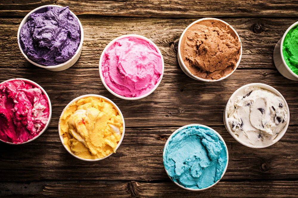 Colorful tubs of ice cream in many flavors